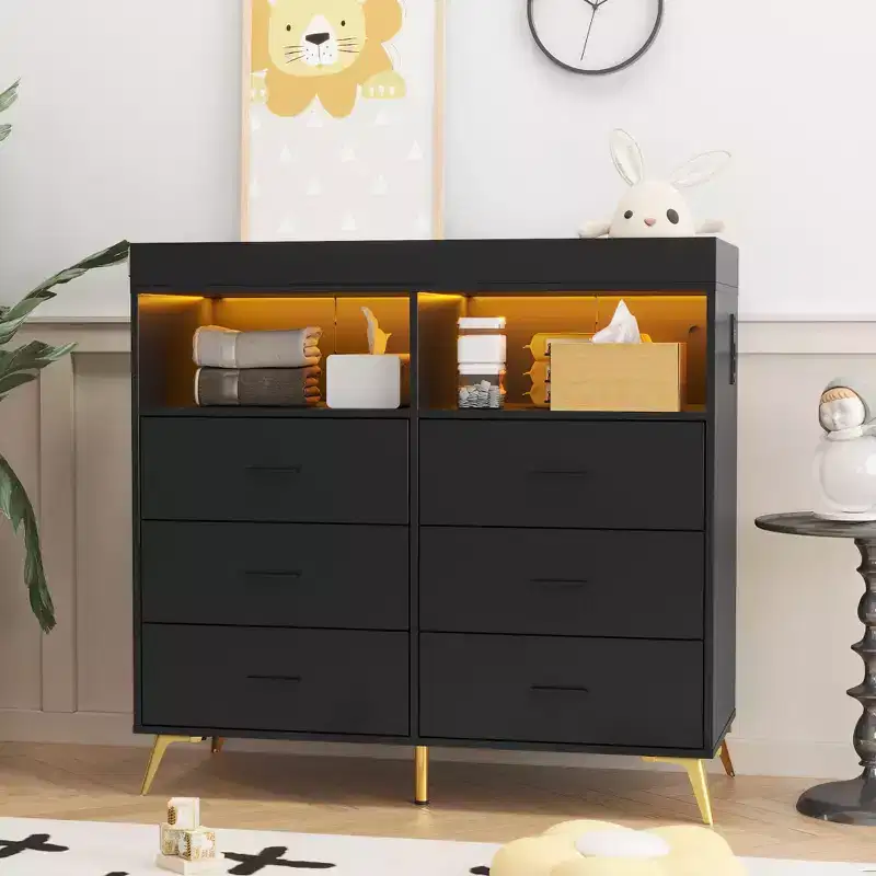 Changing Table Dresser with Drawers, Baby Dresser with Changing Table Top, Power Outlet, LED Light & Metal Feet