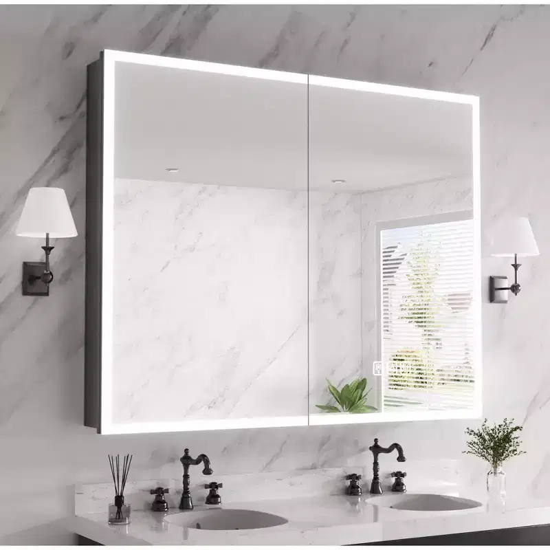 FAMYYT 40 in. W x 32 in. H Aluminum Medicine Cabinet with Mirror, Flowing Light, Dimmable, Anti-Fog