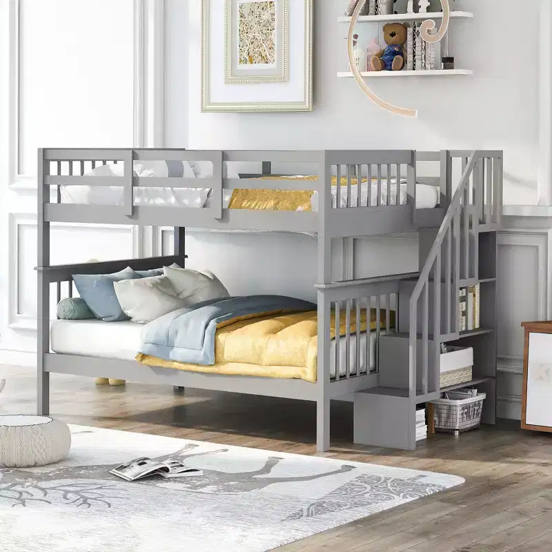 Stairway Full over Full Bunk Bed for Kids, Bunk Bed Frame with Storage Stairs and Guard Rail for Bedroom Dorm, Gray
