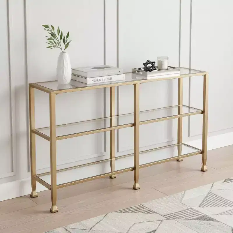 HomeRoots 49 Clear and Gold Glass Floor Shelf Console Table With Storage