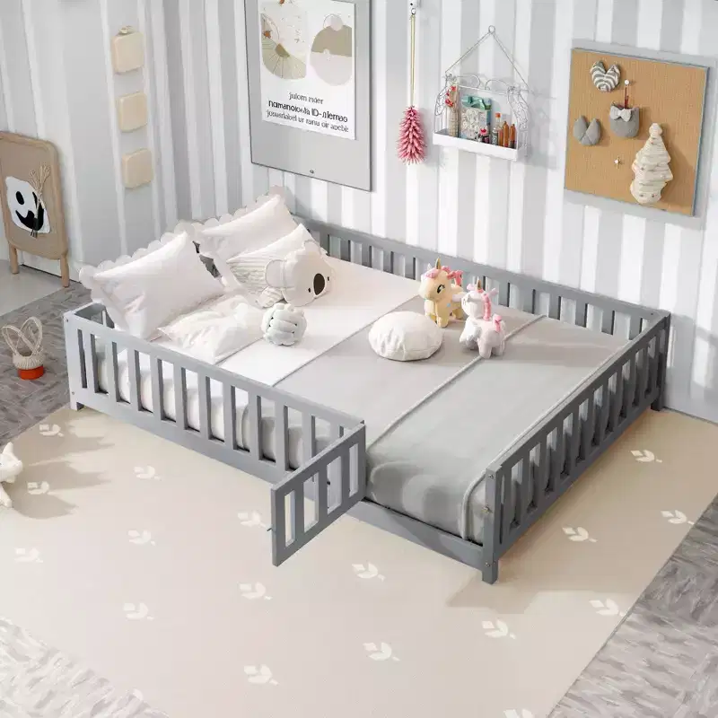 Full Size Toddler Floor Bed for Kids with Support Slats and Door,Modern Montessori Bed with Guardrails for Bedroom
