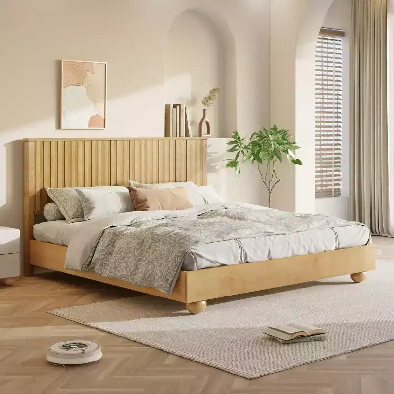 Farmhouse Wooden Bed with Reeded Headboard