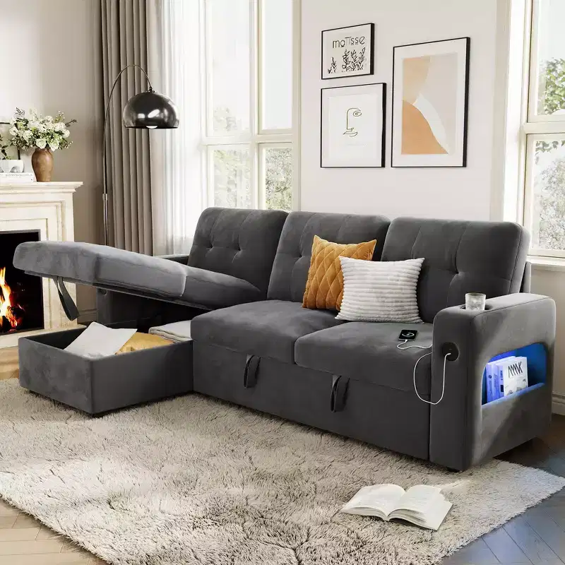 84 Velvet L-Shaped Sleeper Sofa Bed - Convertible Pull Out Sectional Couch with Storage, Charging Station & LED Lights for Living Room