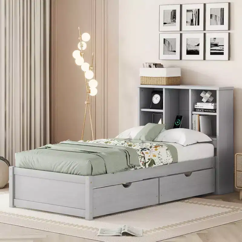 Bellemave Twin Size Platform Bed Frame with Bookcase Headboard and 2 Storage Drawers, Particle Board Platform Bed with USB Charging Port