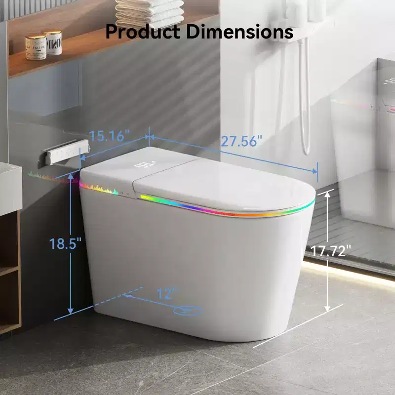 Dyonery Smart Toilet, Tankless One-Piece with Foam Shield, Auto Open/Close Lid, Heated Bidet & Dryer, LED Night Light, Auto Flush