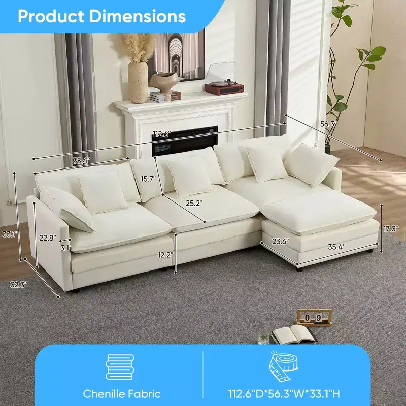 Mjkone 113'' L-Shaped Modular Sectional Sofa,Modern Chenille 4-Seat Cloud Couch with Ottoman and Thickened Cushion
