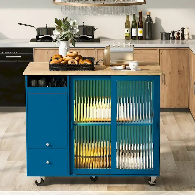 Rubberwood Kitchen Cart with Drop Leaf, Internal Storage Rack, Flip Cabinet Door, and 2 Drawers