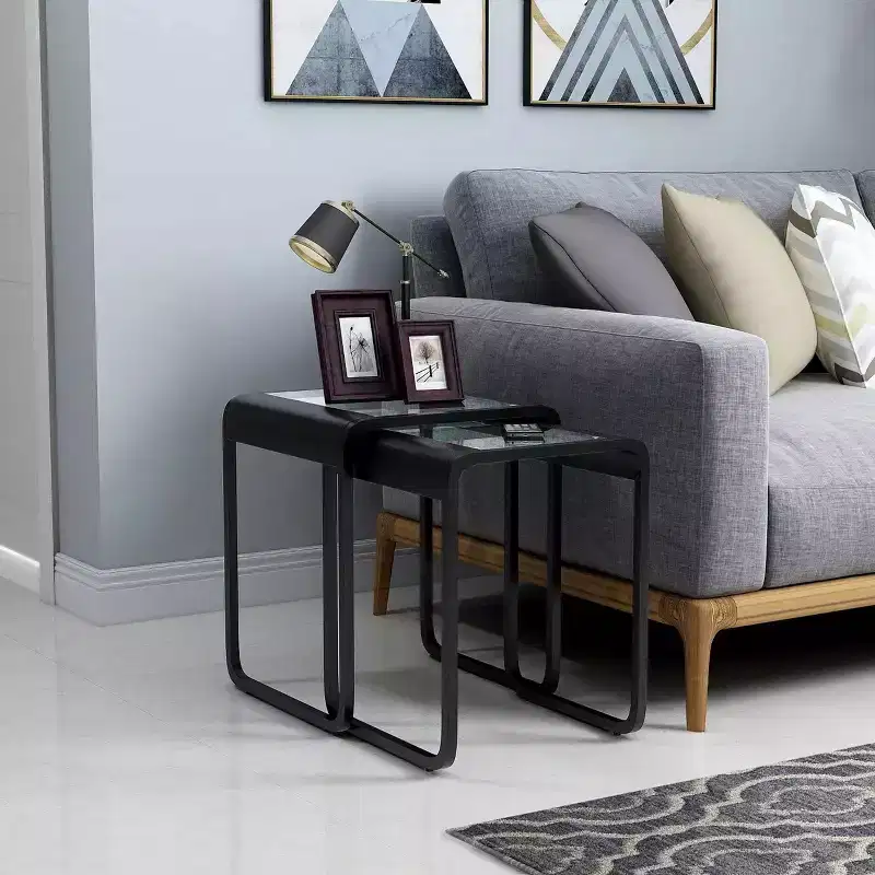 24/7 Shop At Home 2pc Abramma Metal Nesting Table Set Black: Modern Tempered Glass, Bronze Plated Finish, Rectangle Shape