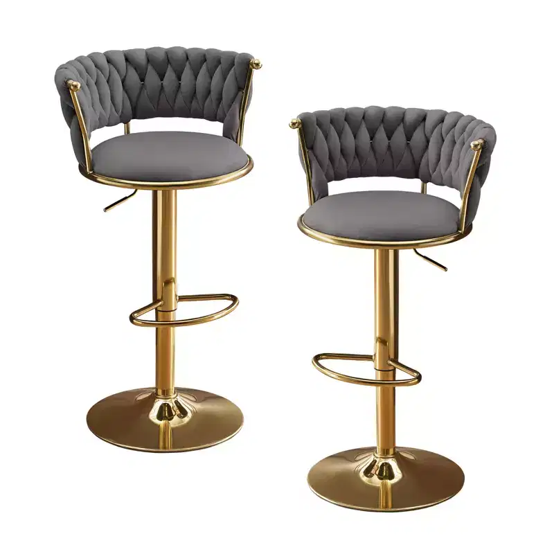 HomeRoots Set of Two Gray and Gold Velvet and Metal Low Back Adjustable Height Swivel Bar Chairs
