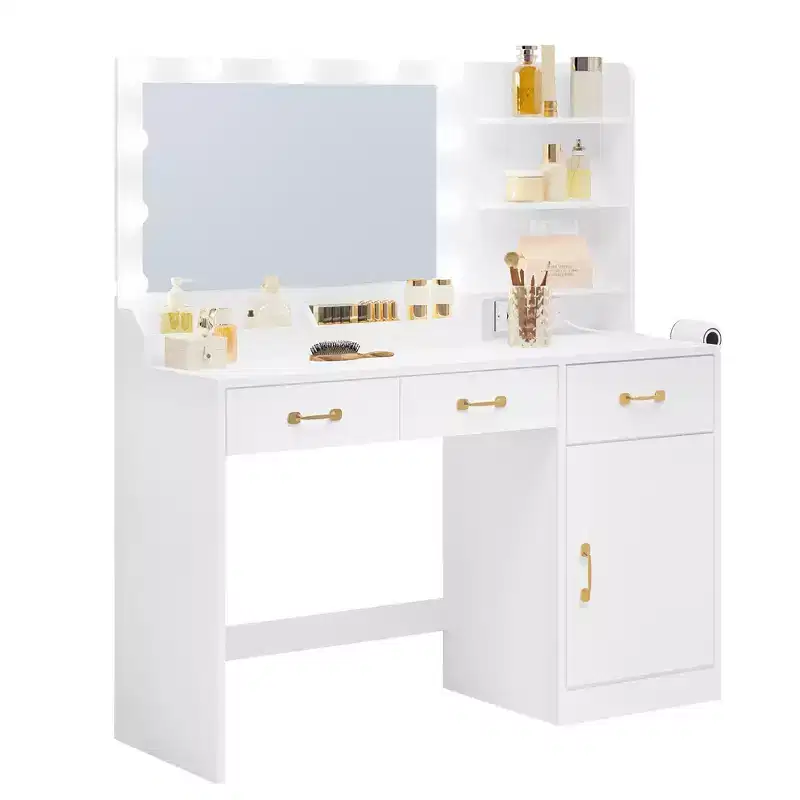 Makeup Vanity Desk with Mirror 3 Drawers, 2 Cubbies, Cabinet, Open Shelves Wooden Dressing Table for Bedroom or Dressing Room White
