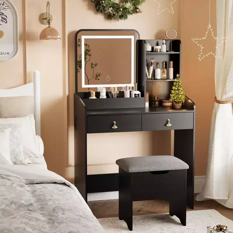 GustoWave, Vanity Desk with LED Light Mirror and Charging Station,Small Makeup Vanities Set with 2 Drawers with Storage Stool