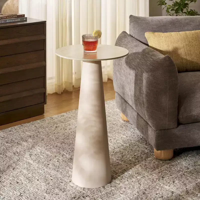 Tall Round Ceramic Side Table with Iron Frame – Beige