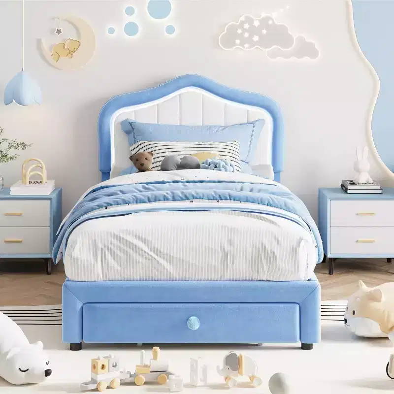 Twin Upholstered Bed Frame with Storage Drawer and LED Headboard