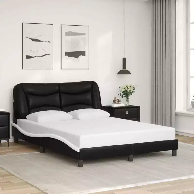 LED-Lit Full Size Bed Frame in Black/White - 53.9x74.8 with Faux Leather Finish, Plywood Slats, and Comfort Headboard Cushion