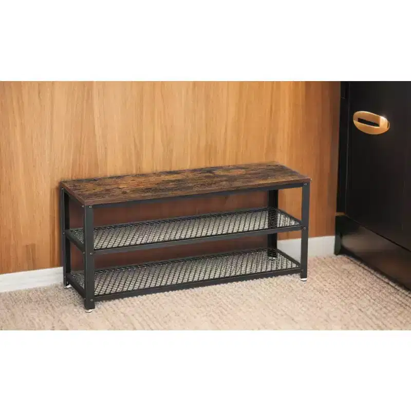 3-Tier Shoe Rack Bench with Metal Mesh Shelves and Seat