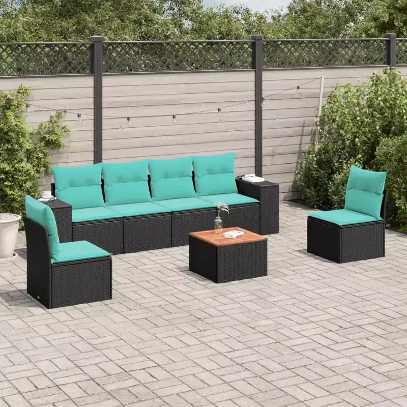 vidaXL 7 Piece Patio Sofa Set with Cushions Black Poly Rattan