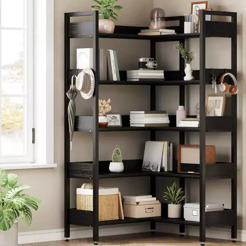 5-Tier Corner Bookshelf with Hooks, Wooden Bookcase with Open Shelves and Metal Frame for Home Office