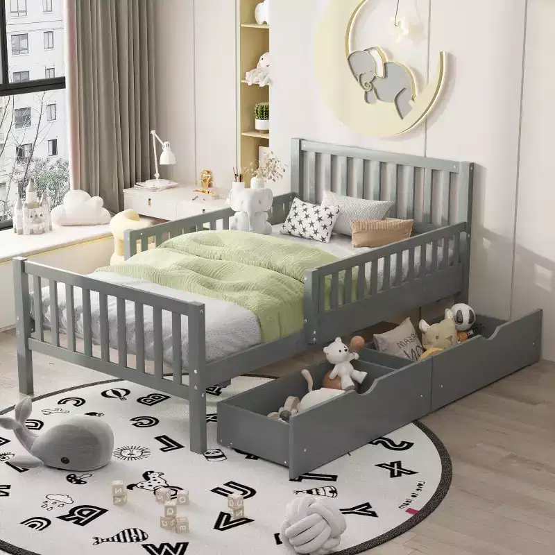 Twin Platform Bed with Storage Drawers and Guardrails, Platform Bed for Small Room