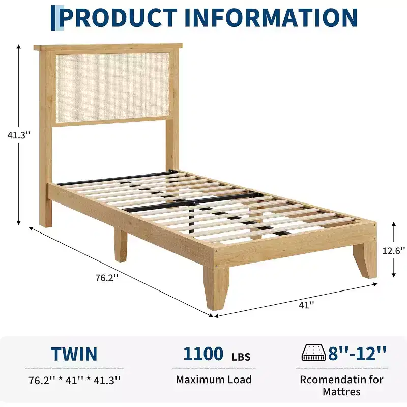 Rattan Bed Frame with Natural Rattan Headboard & LED Lights, Wood Slats Support, No Box Spring Needed, Natural