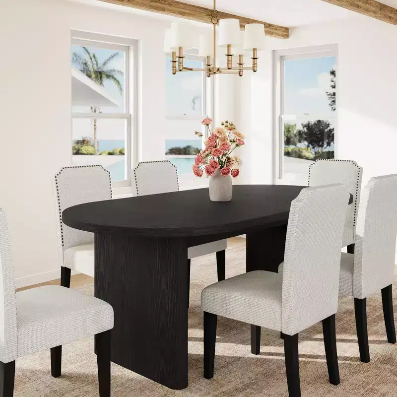70.8 Inch Oval Dining Table with 6Upholstered Dining Chairs, Kitchen Table with Sturdy Wooden Base, High Back Dining Chair with Wood Legs for Kitchen