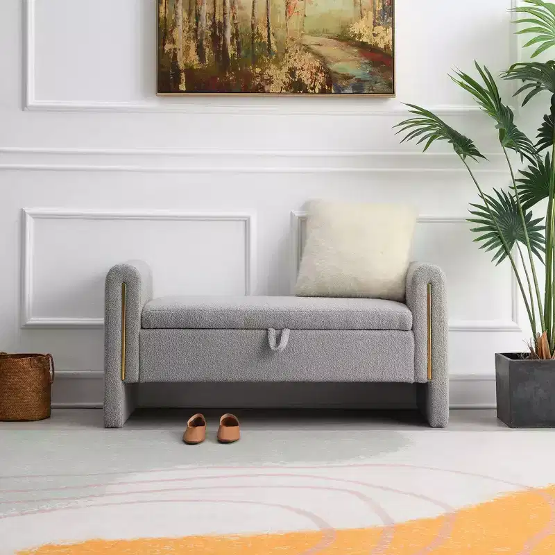 TUYOHW Modern Bed End Bench with Arms and Storage, Upholstered Large Foot Rest Stool, Comfy Window Vanity Bench for Living Room, Gray