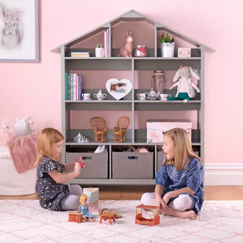 Martha Stewart Kids' Deluxe Dollhouse Bookshelf: Children's Wooden Bedroom Bookcase and Toy Organizer with Storage Bins