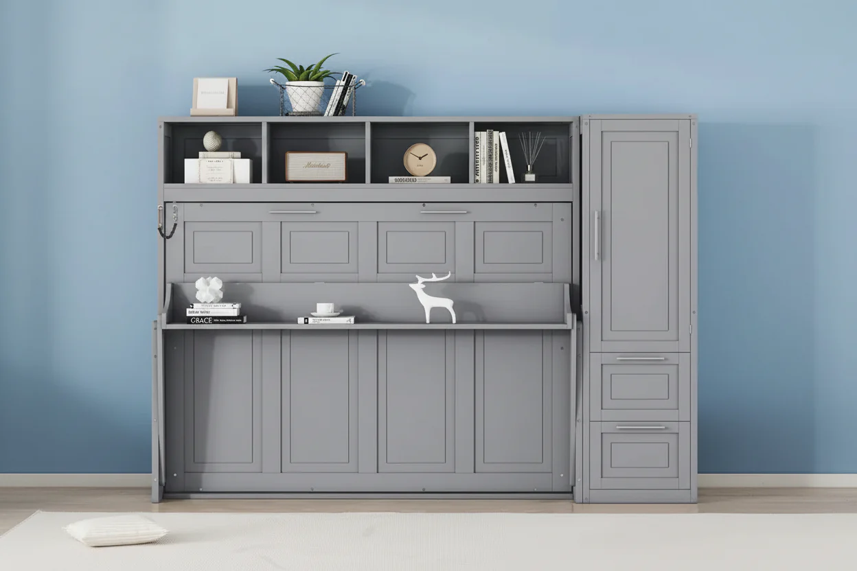 Evans Murphy Bed Wall Bed with Closet and Drawers, Queen Size