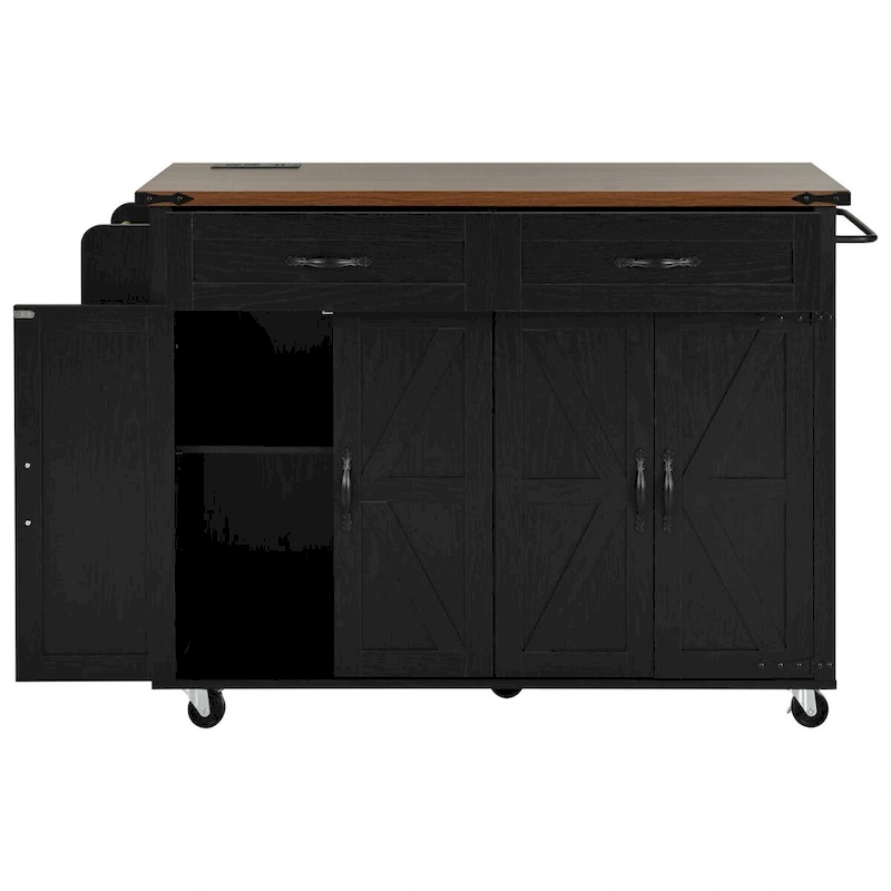 53.5 Farmhouse Kitchen Island Cart with Power Outlet, Drop Leaf, Spice Rack, and 2 Drawers, 5 Wheels