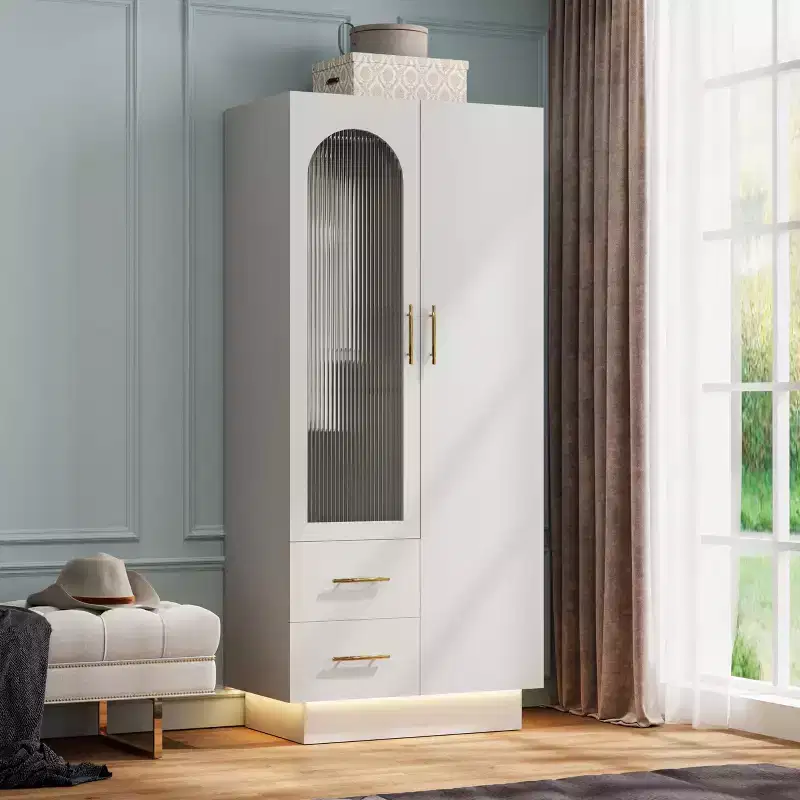 Bedroom Wardrobe , 71 Tall Wooden Large Storage Cabinet with Modern Glass & Shelves, w/Hanging