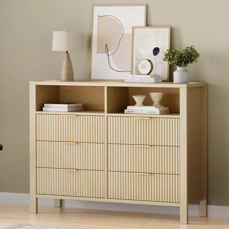 6 Drawer Dresser for Bedroom, Farmhouse Chest of Drawers with 2 Open Shelves and Fluted Doors for Living Room, Entryway