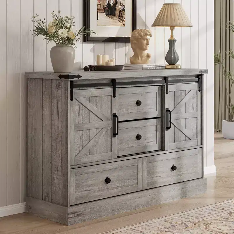 Farmhouse 4 Drawer Dresser for Bedroom, with Large Drawers & Bar Handles,Sliding Barn Doors for Closet,Living Room