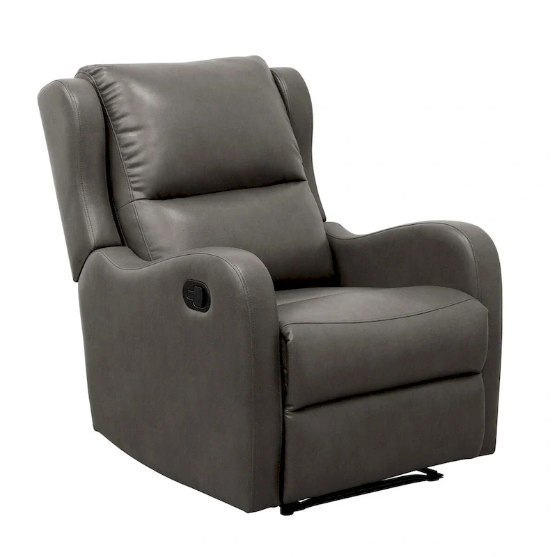 38 Inch Manual Recliner Chair, Cushioned Gray Faux Leather, Solid Wood