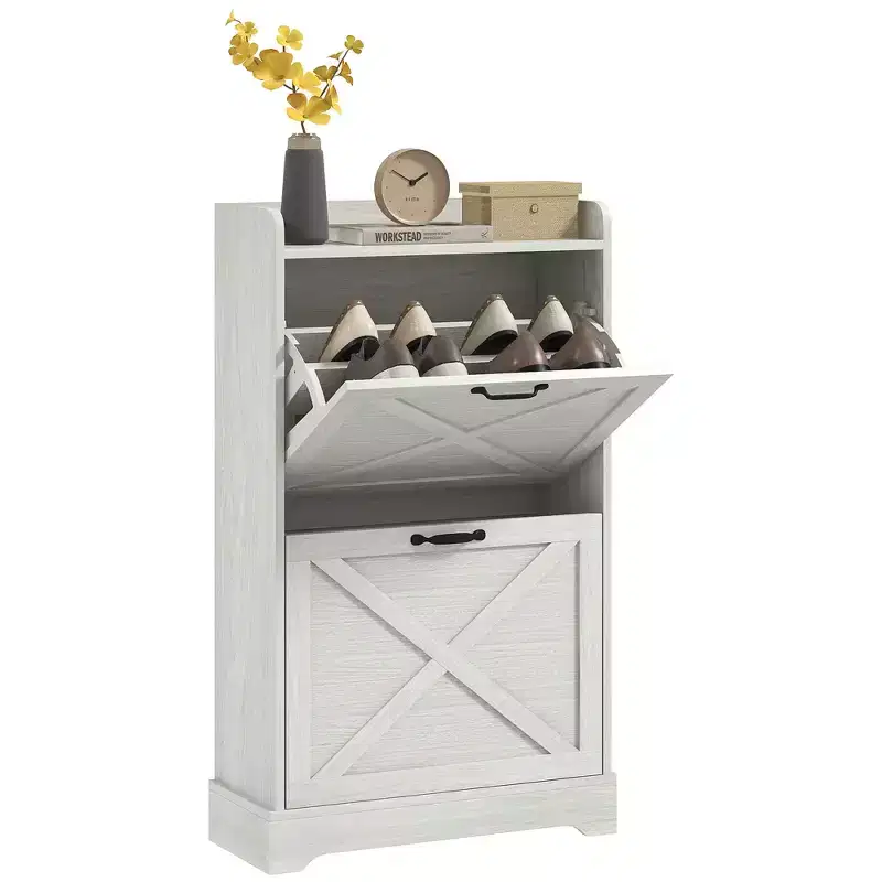 HOMCOM Slim Shoe Cabinet, Farmhouse Hidden Shoe Storage Cabinet with 2 Flip Drawers and Adjustable Shelves for 8 Pairs of Shoes, Distressed White