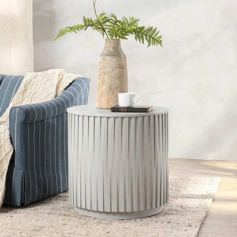 Round End Table – Handcrafted Solid Mango Wood Fluted Design
