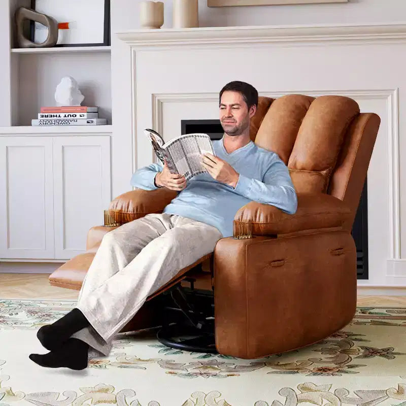 Rocking chair/recliner, small swivel rocking sofa chair with heating and vibration massage functions, leather baby room recliner with cup holder