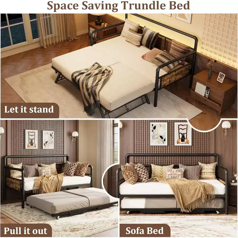 Twin Daybed with Pop Up Trundle Set, Metal Bed Frame with Steel Slat Support, Sofa Bed for Kids/Teens/Adults, Easy Assembly