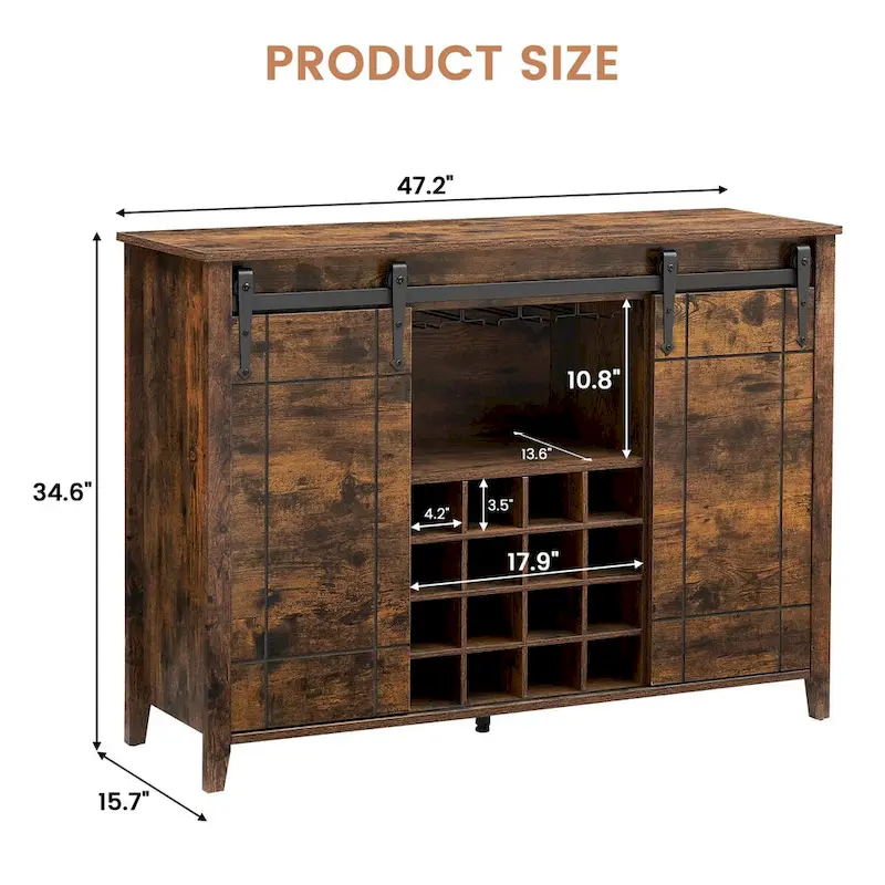 Farmhouse 47 Wine Bar Cabinet Buffet Sideboard Cabinet with 16 Bottle Wine Rack - 15.7D x 47.2W x 34.61H