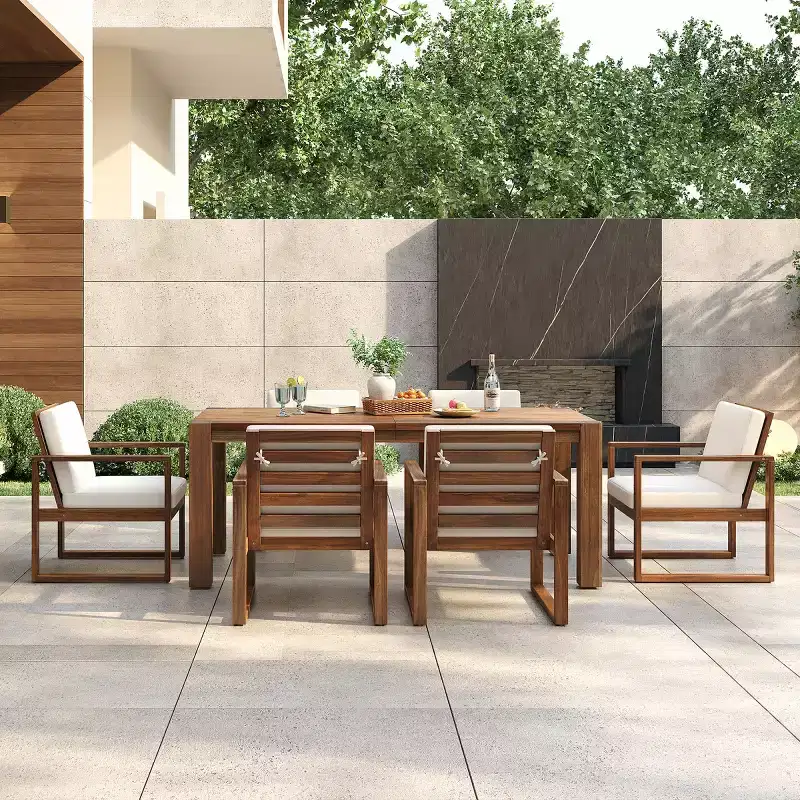 7-Piece Outdoor Dining Set for 6 with Umbrella Hole, Wood Patio Table and Chairs Set with Removable Cushions for Backyard or Patio-Panipeachy