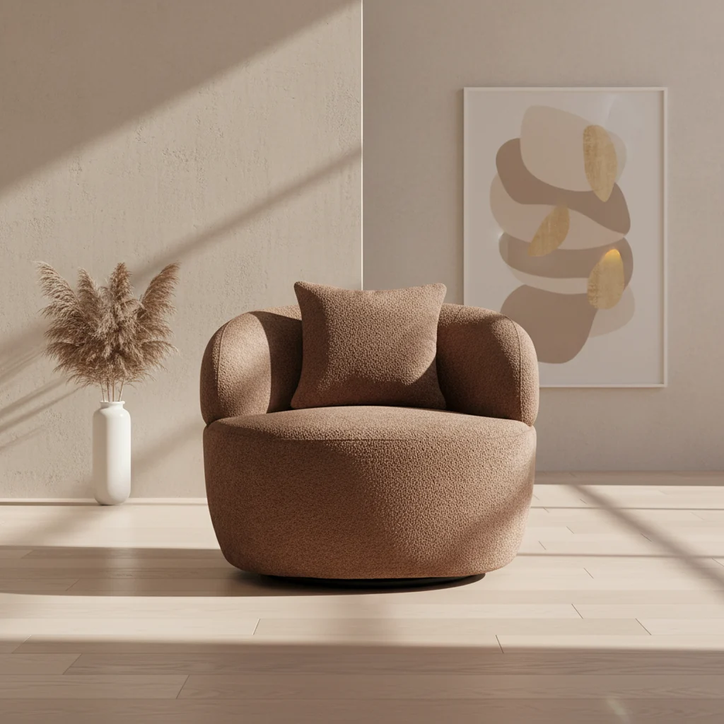 Brown Modern 34.6 Swivel Barrel Chair with Solid Wood Frame