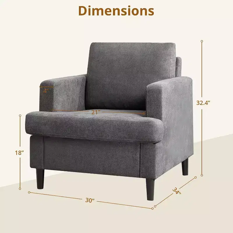 Oversized Mid-Century Accent Chair, Linen Upholstered Armchair with Thick Cushion – Gray