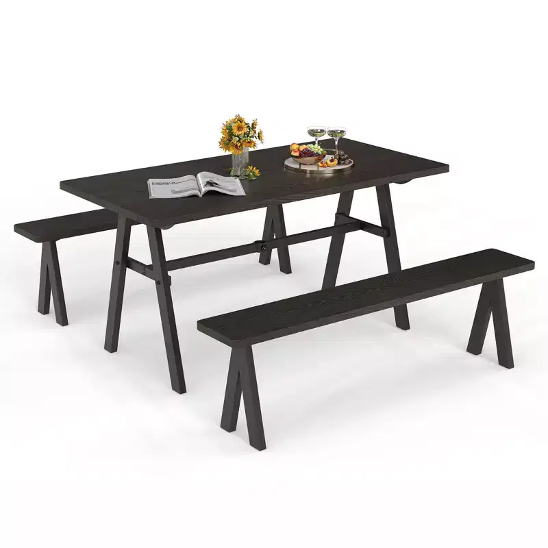 Costway 3 PCS Outdoor Picnic Table and Benches Set for 6 People 1.93 Umbrella Hole