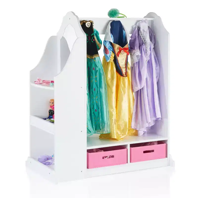 Guidecraft Kids' Dress Up Vanity- White: Children's Closet Organizer, Dress Up Armoire and Clothes Rack with Mirrors and Storage Bins