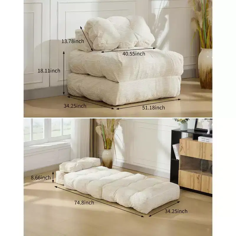3-in-1 Folding Lounge Sofa Bed with Pillow 34 Convertible Sleeper Chair, Portable Boneless Mattress with Back Support, No Assembly Required