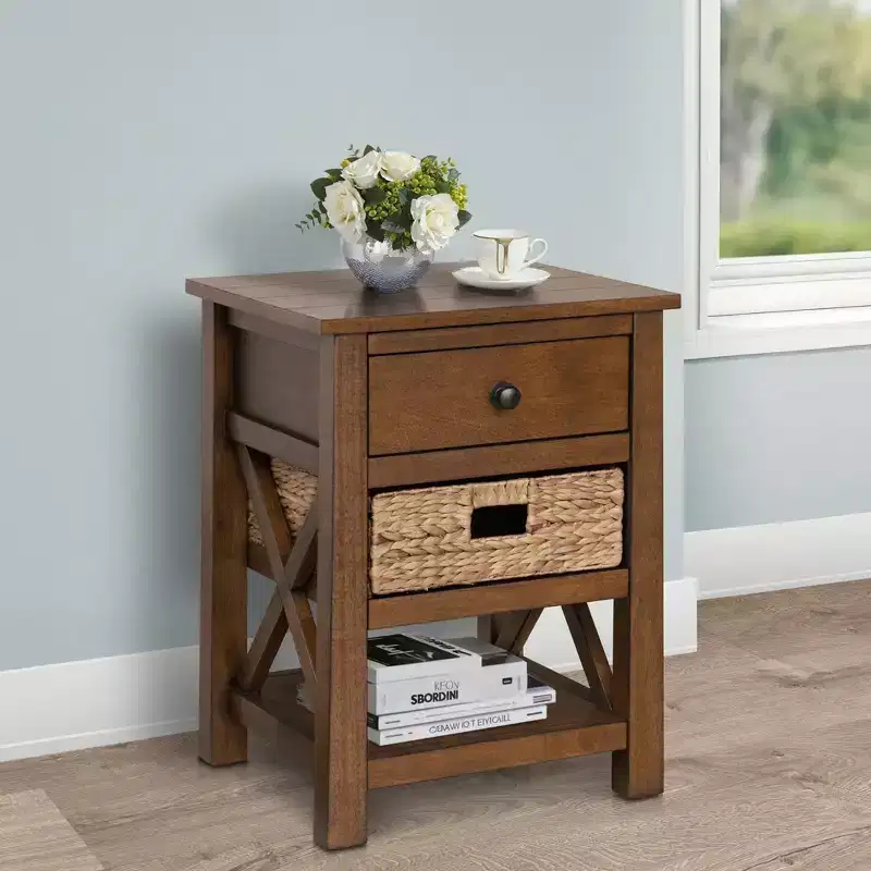 eHemco X-Side Solid Hardwood Nightstand with Drawer, 2 Storage Shelves and Wicker Basket, 24 Inches Tall - Great for Home, Bedroom, Living room