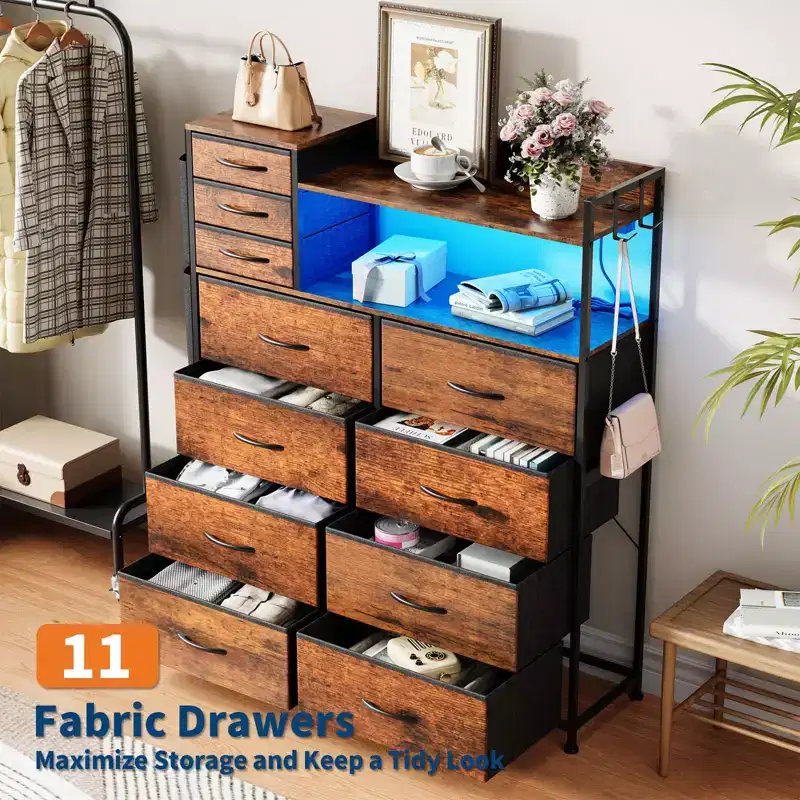 Fabric 11-Drawer Dresser with Charging Station & LED Lights