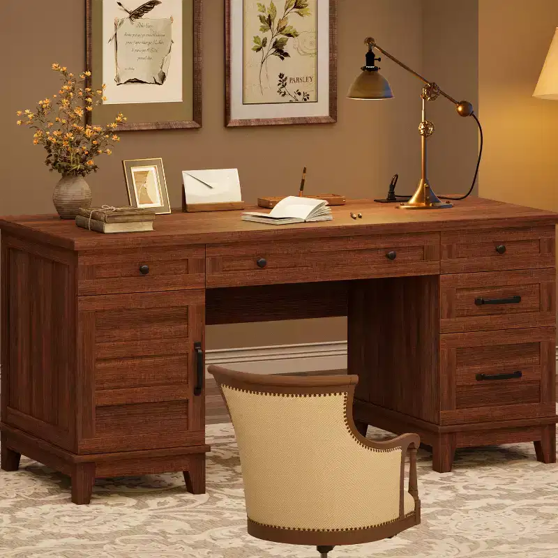 Garvee Executive Desk with Drawers, Farmhouse Home Office Desk with Charging Station, 60 Wooden Computer Writing Desk with File Cabinet Storage