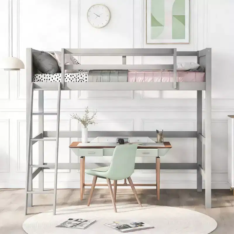 Luxystar Twin Size Modern Wooden Loft Bed with Slanted Ladder