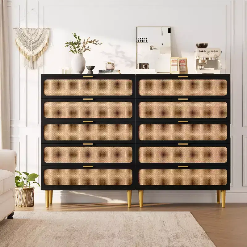 Rattan 5 Drawer Dressers for Bedroom, Tall Dresser with Deep Drawers, Large Chest of Drawers for Closet with Wide Top, Long Wooden Dresser
