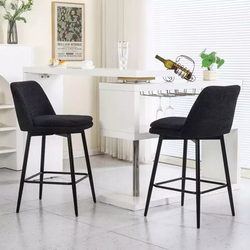 Set of 2 Counter Height Swivel Bar Stools 360 Swivel Upholstered 25.6in Seat Height Linen Cloth Black for Kitchen Island Pub