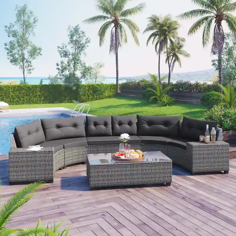 8-Pieces All Weather Wicker Half-Moon Sectional Sets with Rectangular Coffee Table